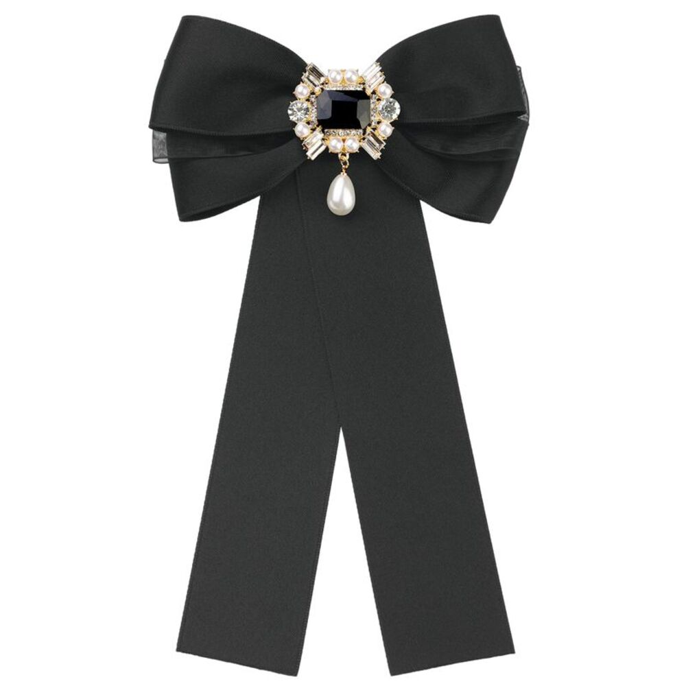 Bow Brooch Pre-Tied Bowknot with Faux Rhinestone Elegant Bow Tie Black